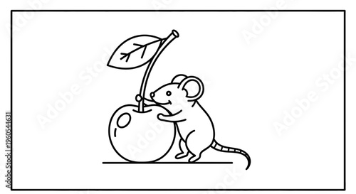 Adorable little field mouse tenderly embracing a ripe red cherry fruit in a simple black and white