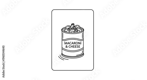 Minimalist depiction of macaroni and cheese in a tin can ready for quick preparation