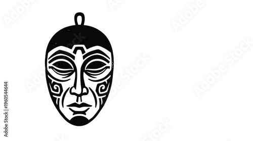 A black and white vector graphic of a stylized face mask with intricate designs