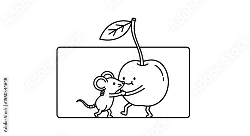 Charming minimalist illustration featuring a cute mouse hugging a friendly animated cherry character