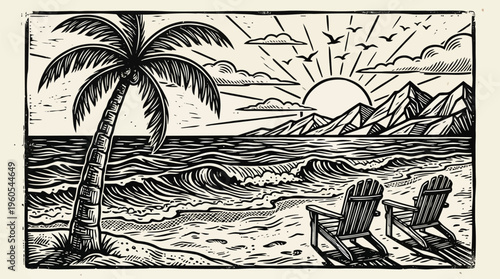 Tropical beach sunset woodcut illustration