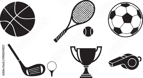 Sports Equipment Icons: Football, Basketball, Tennis, and Golf Silhouette Set