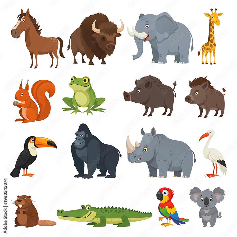 Fototapeta premium A Vibrant Collection of Diverse Cartoon Animals on a Clean White Background
