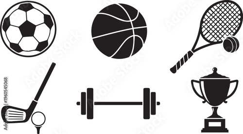 Sports Icons Set Vector – Football, Basketball, Tennis, Golf, Trophy & Fitness