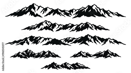 A stunning black and white illustration of a majestic mountain range in various sizes