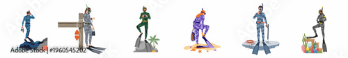 Set of flat vector illustrations of divers and snorkelers in camouflage wetsuits with various diving equipment for underwater exploration and sports activities.