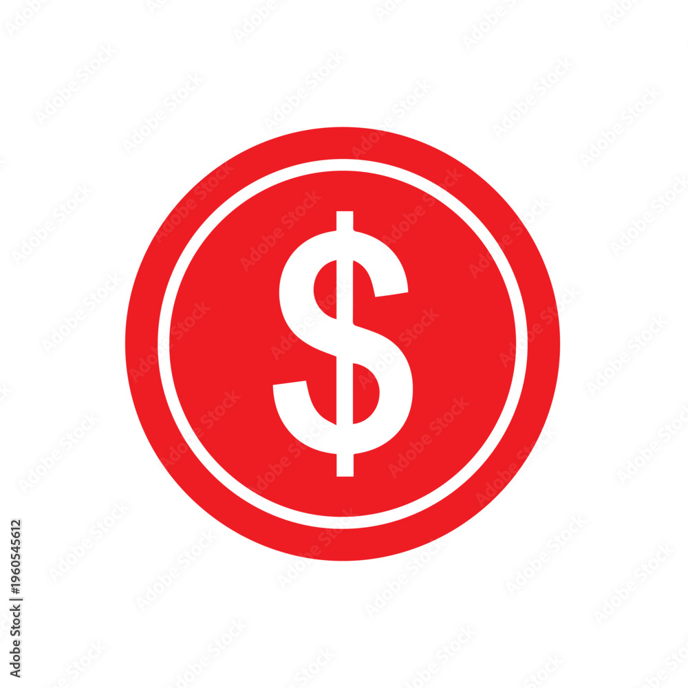 Fototapeta premium Vibrant red circle graphic element showcasing a bold white dollar sign representing financial transactions against a white backdrop.