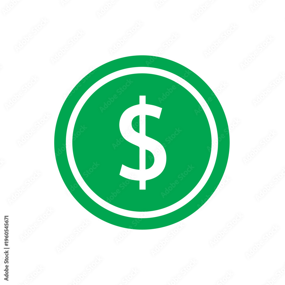 Fototapeta premium A simple green coin icon featuring a white dollar sign symbol centered against a plain background.