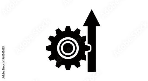 Icon showing a gear with an upward arrow symbolizing upgrade, progress, and technological growth.