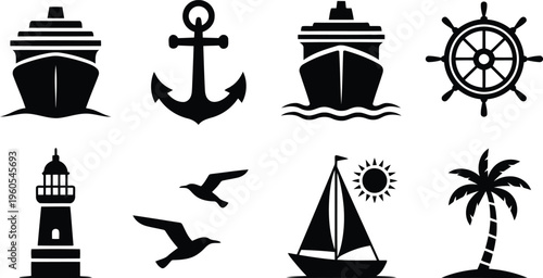 Black silhouette maritime symbols featuring ships, anchor, helm, lighthouse, birds, sailboat, and tropical island elements
