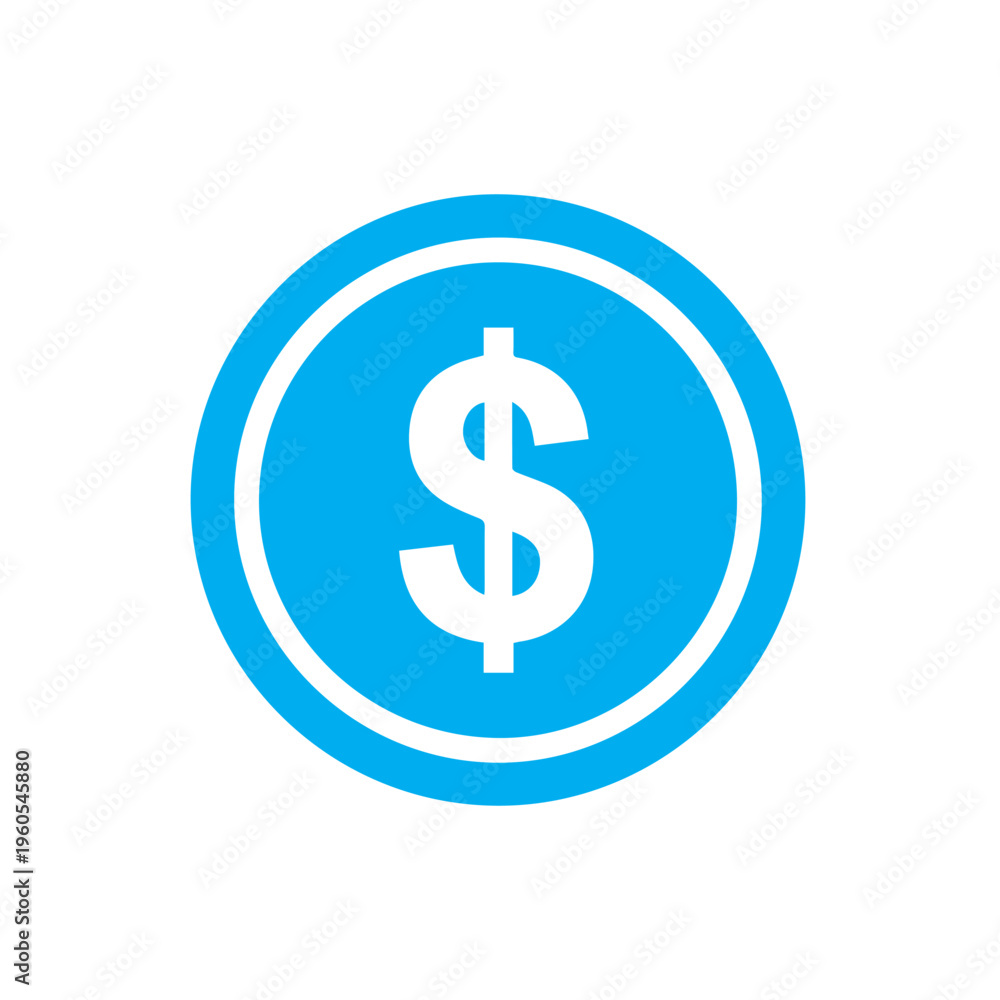 Fototapeta premium Bright blue circle icon featuring a prominent white dollar sign symbol isolated on a white background.