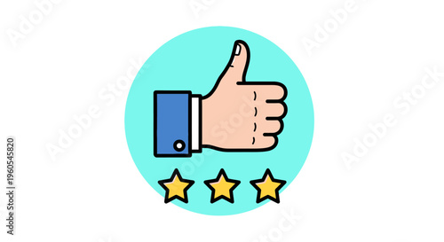 Bright blue thumbs up icon with five golden stars illustration for positive feedback and approval.