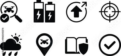 Drone service and technology icons set, aerial delivery battery navigation weather security and target symbols vector illustration collection design