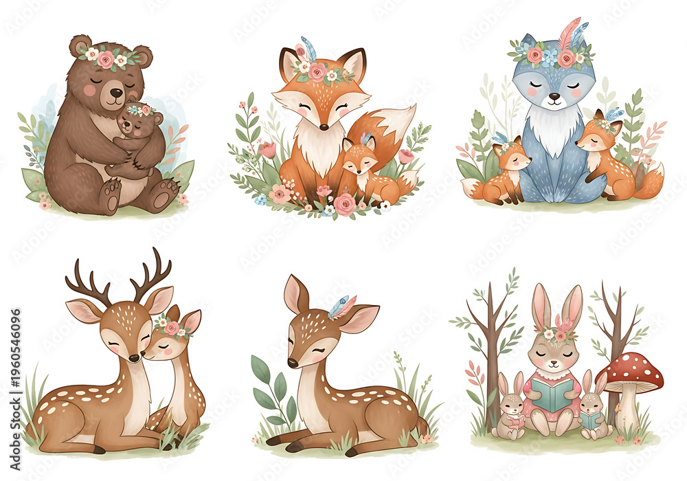 Fototapeta premium Adorable Watercolor Woodland Animals Illustrating Gentle Motherhood and Family Bonds