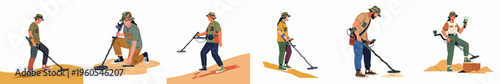 Diverse People Treasure Hunting with Metal Detectors in Various Outdoor Locations, Flat Vector Illustration