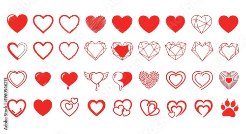 Expansive Collection of Red and Outlined Heart Shapes Vector Art Diverse Love Symbols and Graphic Elements for Creative Digital Design Projects