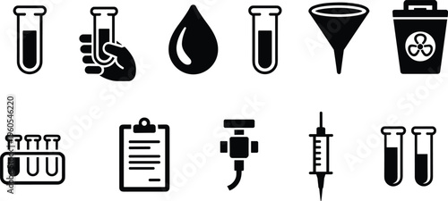 laboratory medical icon set, science equipment collection, test tube syringe biohazard symbols vector black outline healthcare research minimal design