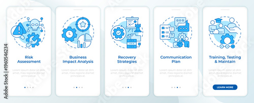 Stages of business continuity planning blue onboarding mobile app screen. Walkthrough 5 steps editable graphic instructions with linear concepts. UI, UX, GUI. Montserrat SemiBold, Regular fonts used