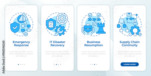 Key parts of business continuity plan blue onboarding mobile app screen. Walkthrough 4 steps editable graphic instructions with linear concepts. UI, UX, GUI. Montserrat SemiBold, Regular fonts used