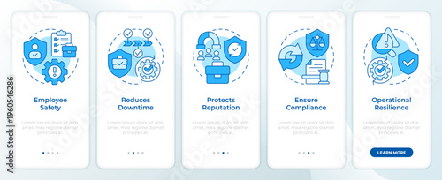 Benefits of business continuity plan blue onboarding mobile app screen. Walkthrough 5 steps editable graphic instructions with linear concepts. UI, UX, GUI. Montserrat SemiBold, Regular fonts used