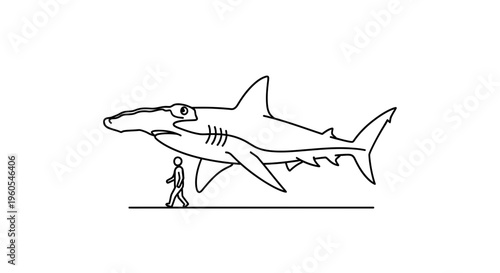 Striking size comparison of a magnificent hammerhead shark next to a human figure showcasing