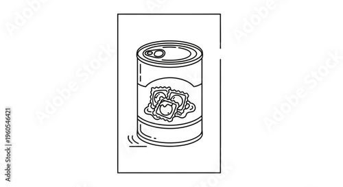 Outline drawing of a cylindrical metal can featuring a label with ravioli pasta shapes inside,