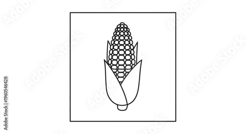 Minimalist black outline drawing of a sweet corn cob in its husks, perfect for food-related designs