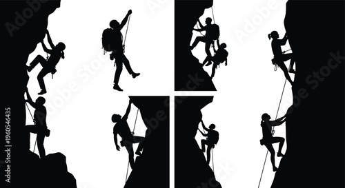 Set of mountain rock climbing silhouettes featuring men and women with ropes and backpacks on steep cliffs isolated on white background.