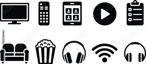Media and entertainment icons collection, digital devices set, multimedia illustration, isolated vector symbols, audio video technology, streaming and communication bundle