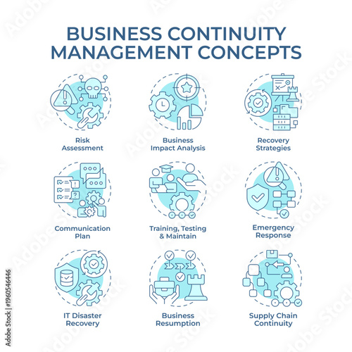 Business continuity management soft blue concept icons. Organization readiness for unexpected risks. Safety strategy. Icon pack. Vector images. Round shape illustrations for brochure. Abstract idea