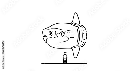 A vast ocean sunfish in simple outline towering over a tiny human figure illustrating scale