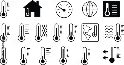 minimal thermometer icon set, temperature measurement symbols, climate weather control heat cold monitoring UI design black outline collection vector illustration