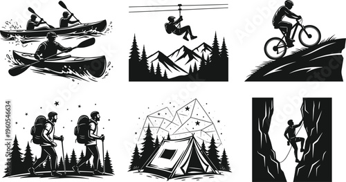 Set of outdoor adventure silhouettes featuring kayaking ziplining mountain biking hiking camping and rock climbing for extreme sports tourism and nature exploration