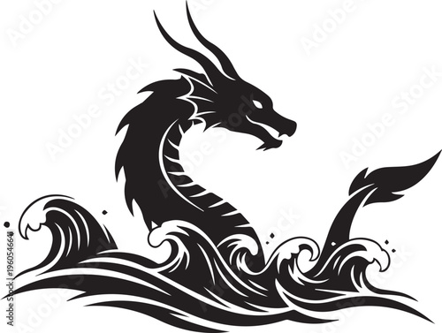 Sea Dragon Silhouette Icon - Mythical Serpent in Ocean Waves Vector
