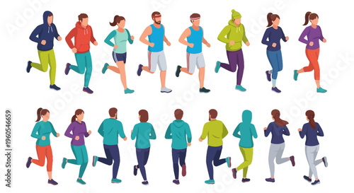 Diverse group of people running in various sportswear and colors, front and back views