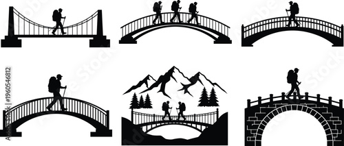 Silhouette of hikers and backpackers crossing various bridges in mountain landscape set featuring trekking travelers walking on suspension and stone bridges