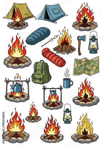 Collection of Essential Camping and Outdoor Adventure Gear Illustrations in Pop Art Style