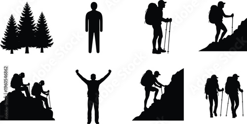 Silhouette of hikers and mountaineers set featuring people climbing mountain peaks with backpacks pine trees and trekking poles for outdoor sports adventure