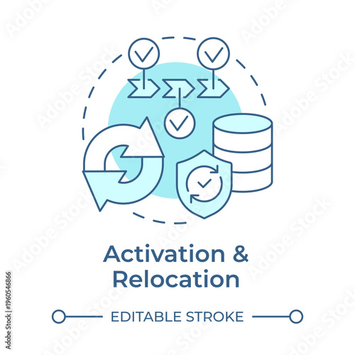 Activation and relocation soft blue concept icon. Operations transfer. Phase of operation activation continuity. Round shape line illustration. Abstract idea. Graphic design. Easy to use in booklet