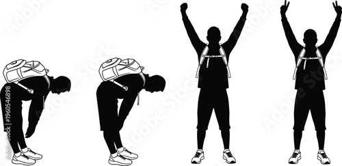 Hiker silhouette reaching summit, traveler man celebrating achievement, person with backpack standing tall, success and freedom in the outdoors nature adventure concept.