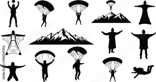Silhouette of skydivers and paragliders jumping with parachutes wingsuits and freefall silhouettes set against mountain peaks for extreme sports and outdoor adventure