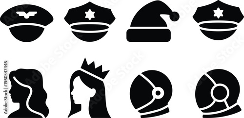 Police hats and character icons set, law enforcement and princess profile with helmet symbols, authority and identity vector illustration