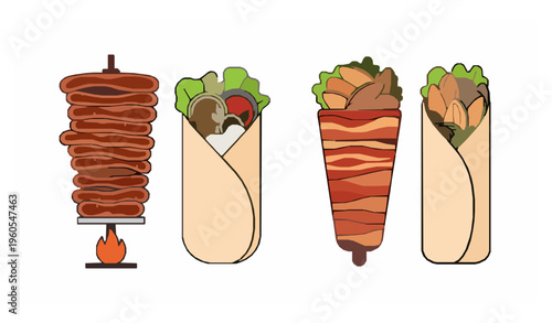 Cartoon doner kebab shawarma vector street food set isolated on white background
