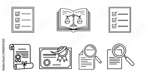Legal Document Checklist Certificate Law Book and Research Analysis Icons