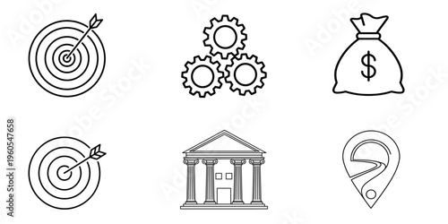 Business Target Strategy Gears Money Bag Bank and Location Icons