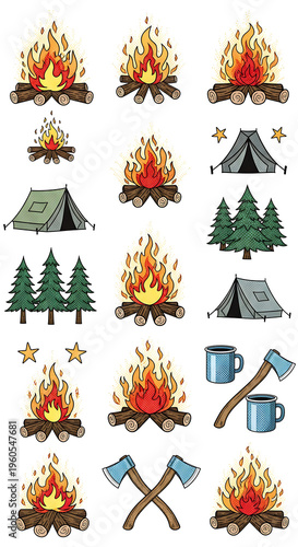 A Vibrant Pop Art Collection of Camping and Outdoor Adventure Elements