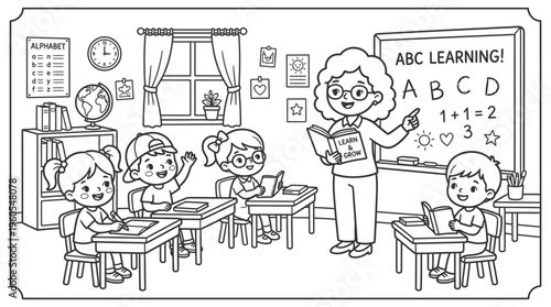 Teacher and children in classroom setting.