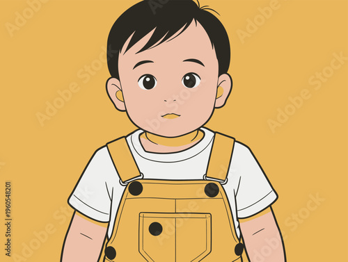 Child in yellow overalls stands in front of a plain yellow background while looking at the viewer with a neutral expression