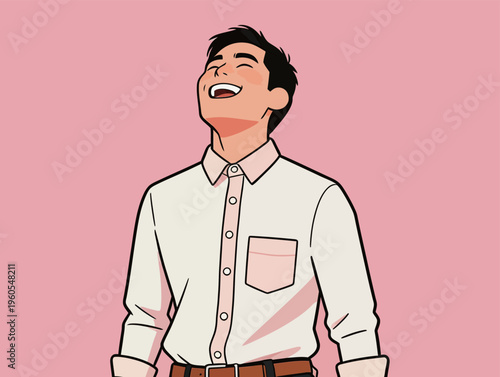 Smiling young man standing against a pink background with a casual shirt and a relaxed posture