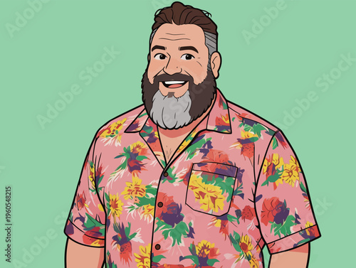 Smiling man wearing floral shirt stands against a green background during a casual moment in a bright setting